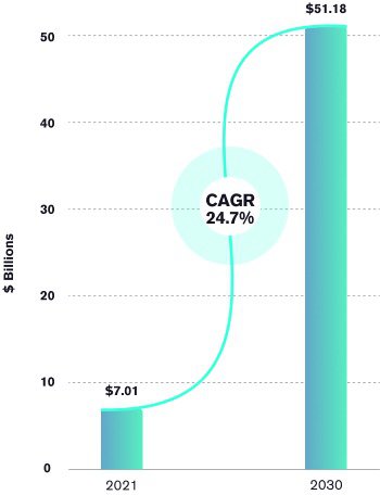 Chart showing that the global DevOps market is estimated to be worth over 50 billon dollars by 2030.